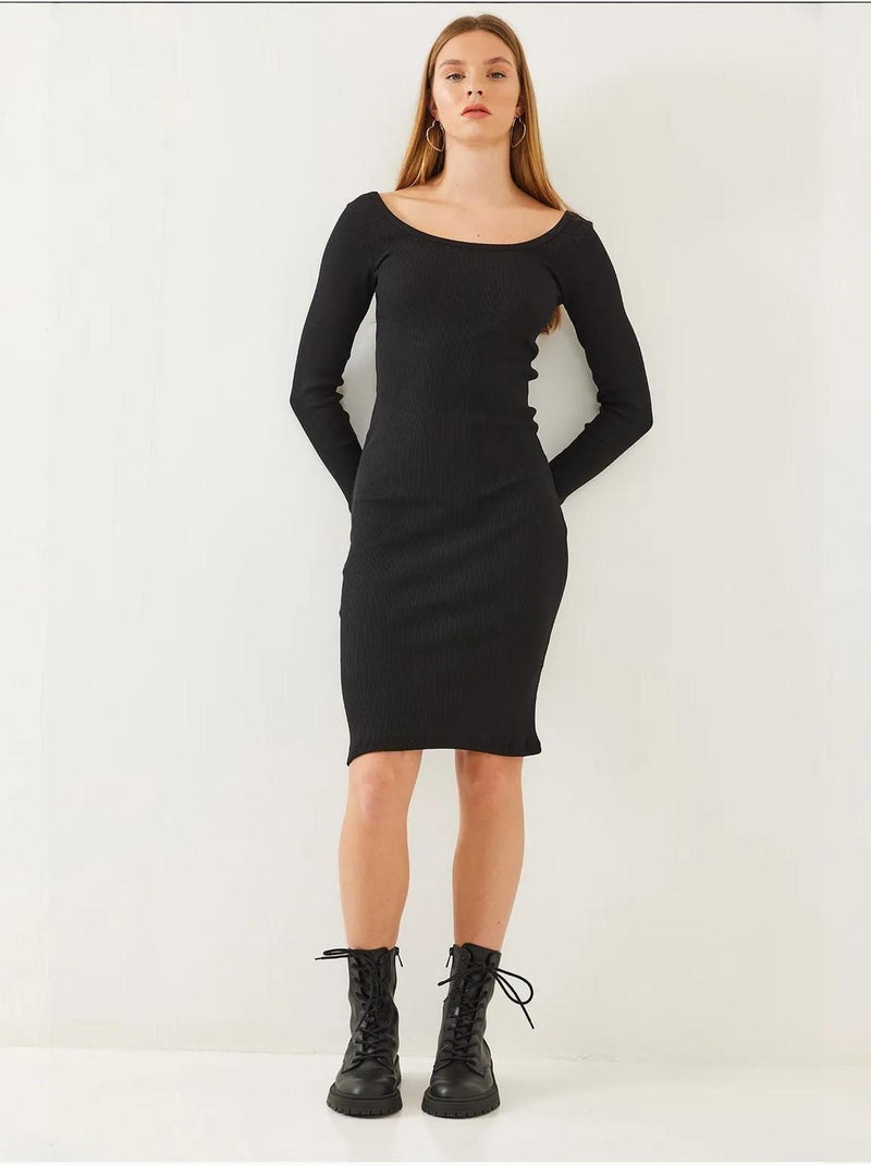 Robe côtelée basique à manches longues et col carré bianco lucci Noir - Kiabi