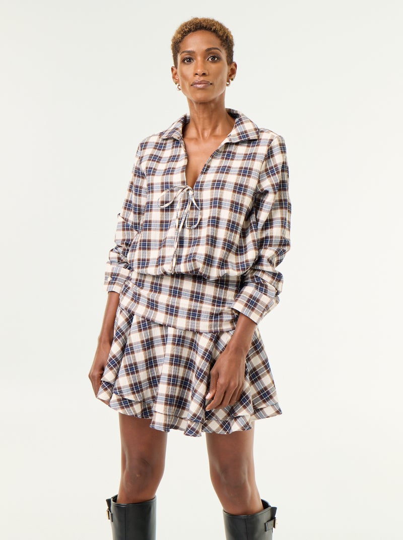 Robe courte à carreaux avec col chemise Beige - Kiabi