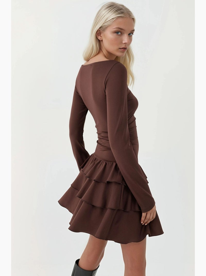 Robe courte à col rond et volants hiccup Marron chocolat - Kiabi