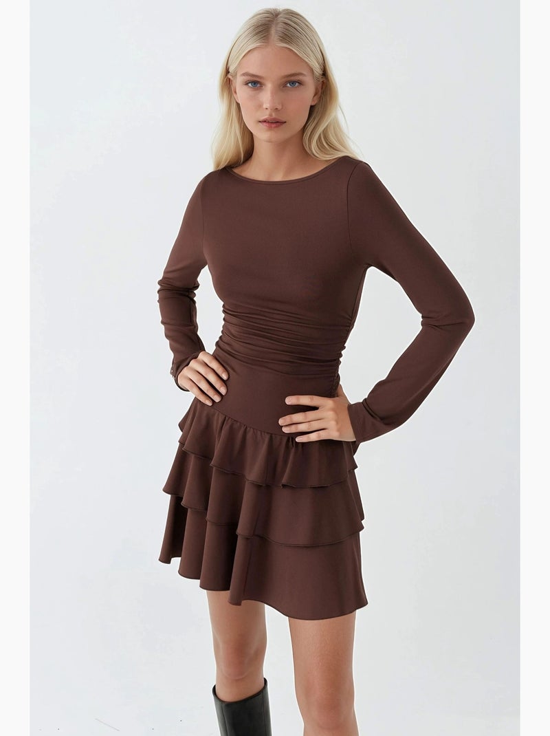 Robe courte à col rond et volants hiccup Marron chocolat - Kiabi