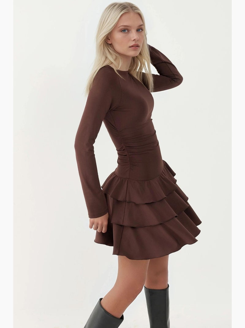Robe courte à col rond et volants hiccup Marron chocolat - Kiabi