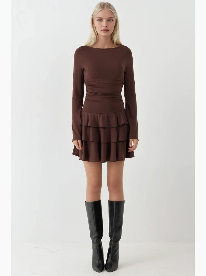 Robe courte à col rond et volants hiccup Marron chocolat - Kiabi