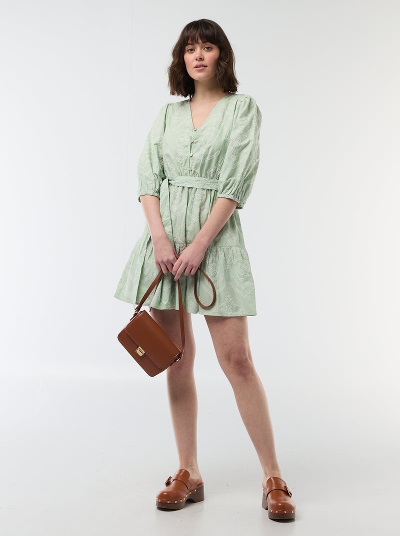 Robe courte à étage avec broderies anglaises Vert - Kiabi