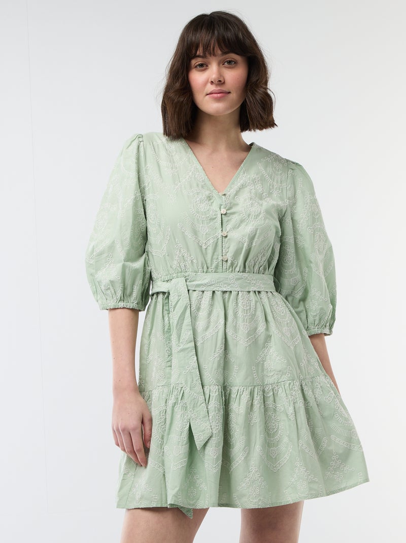 Robe courte à étage avec broderies anglaises Vert - Kiabi