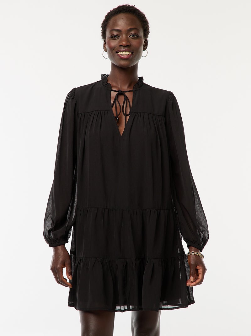 Robe courte à manches longues avec base et col volantés Noir - Kiabi