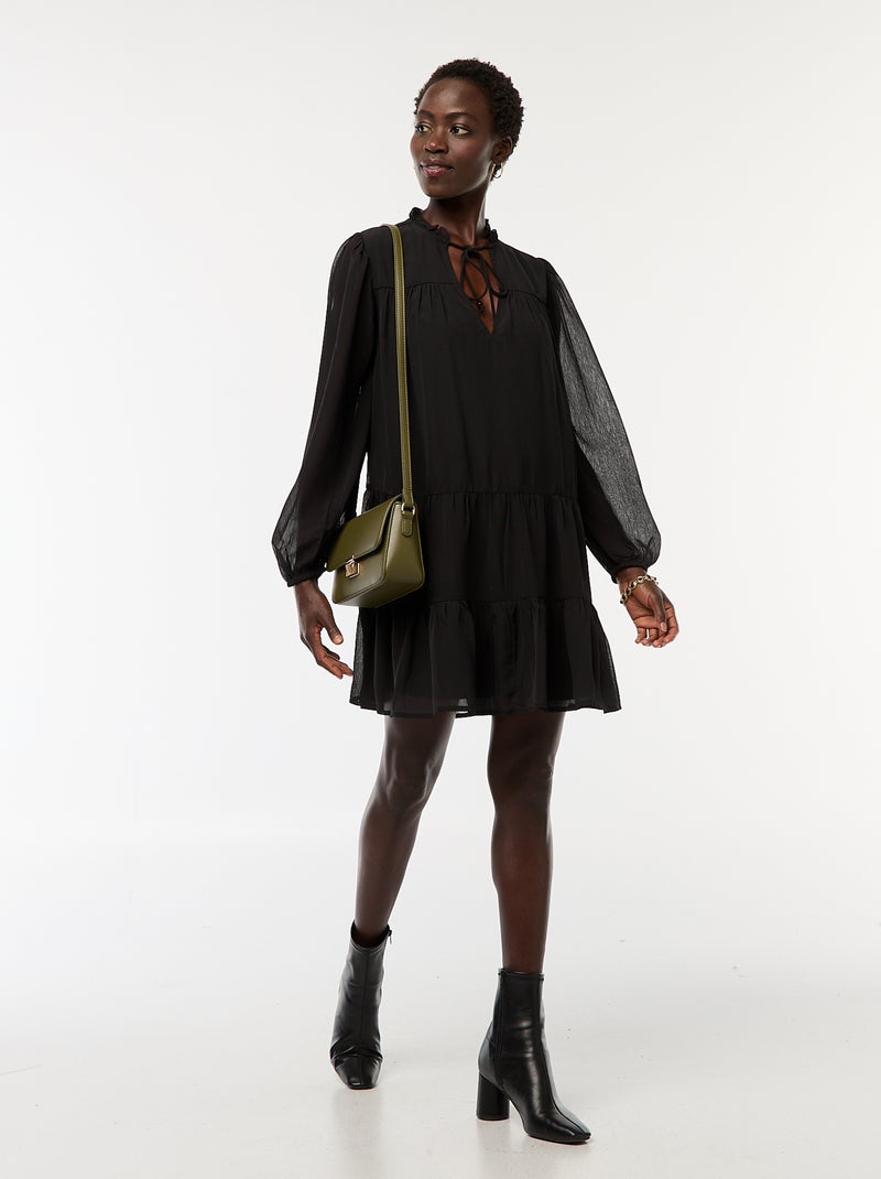 Robe courte à manches longues avec base et col volantés Noir - Kiabi