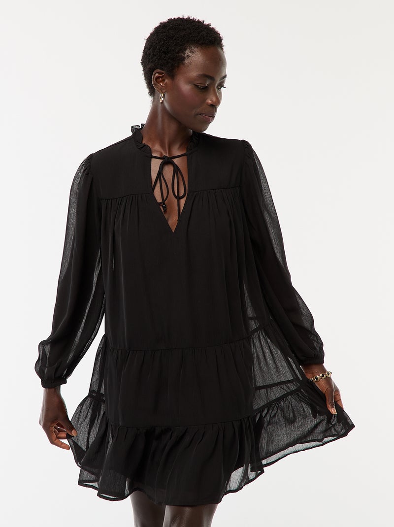 Robe courte à manches longues avec base et col volantés Noir - Kiabi
