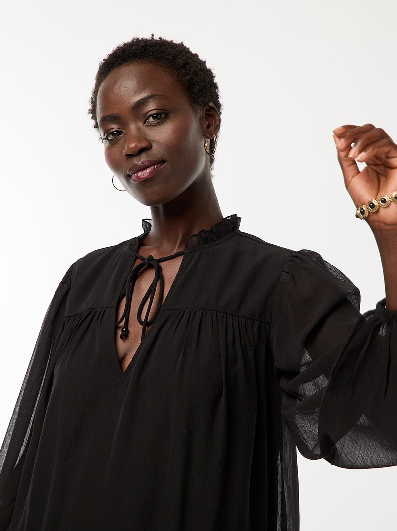 Robe courte à manches longues avec base et col volantés Noir - Kiabi