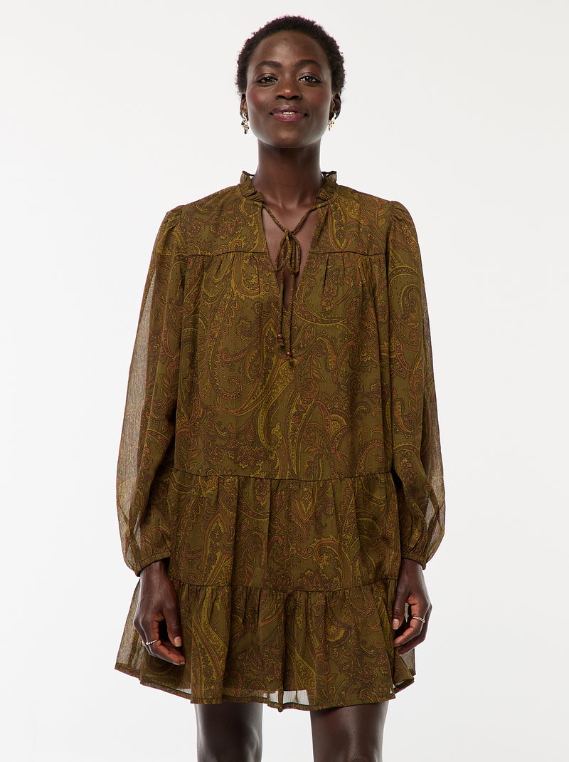 Robe courte à manches longues avec base et col volantés Vert - Kiabi