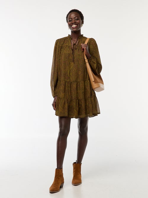 Robe courte à manches longues avec base et col volantés - Kiabi