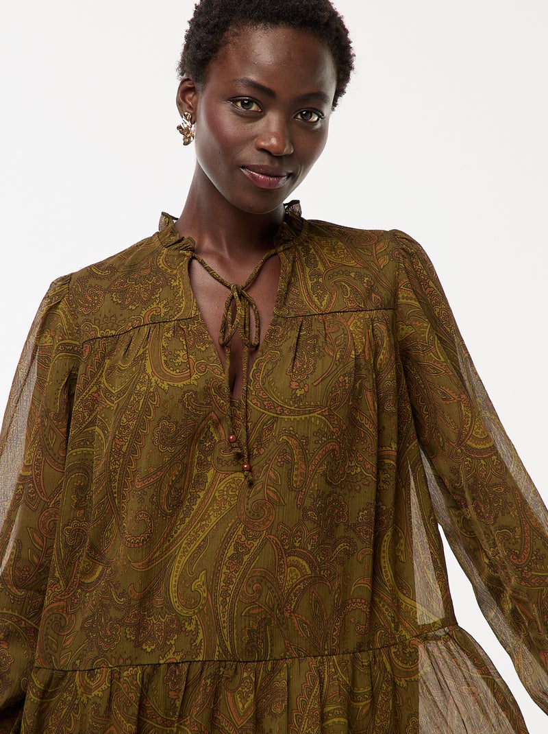 Robe courte à manches longues avec base et col volantés Vert - Kiabi