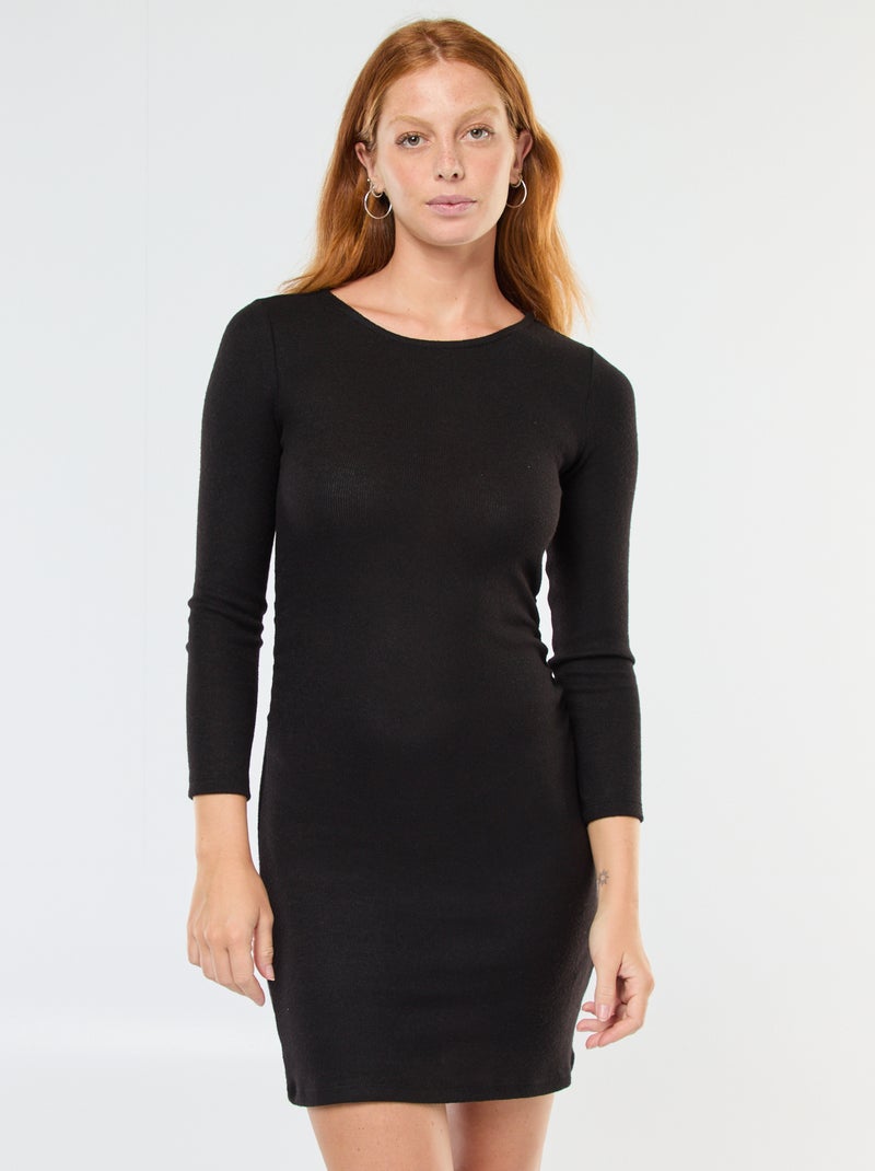 Robe courte à manches longues en maille doudou Noir - Kiabi