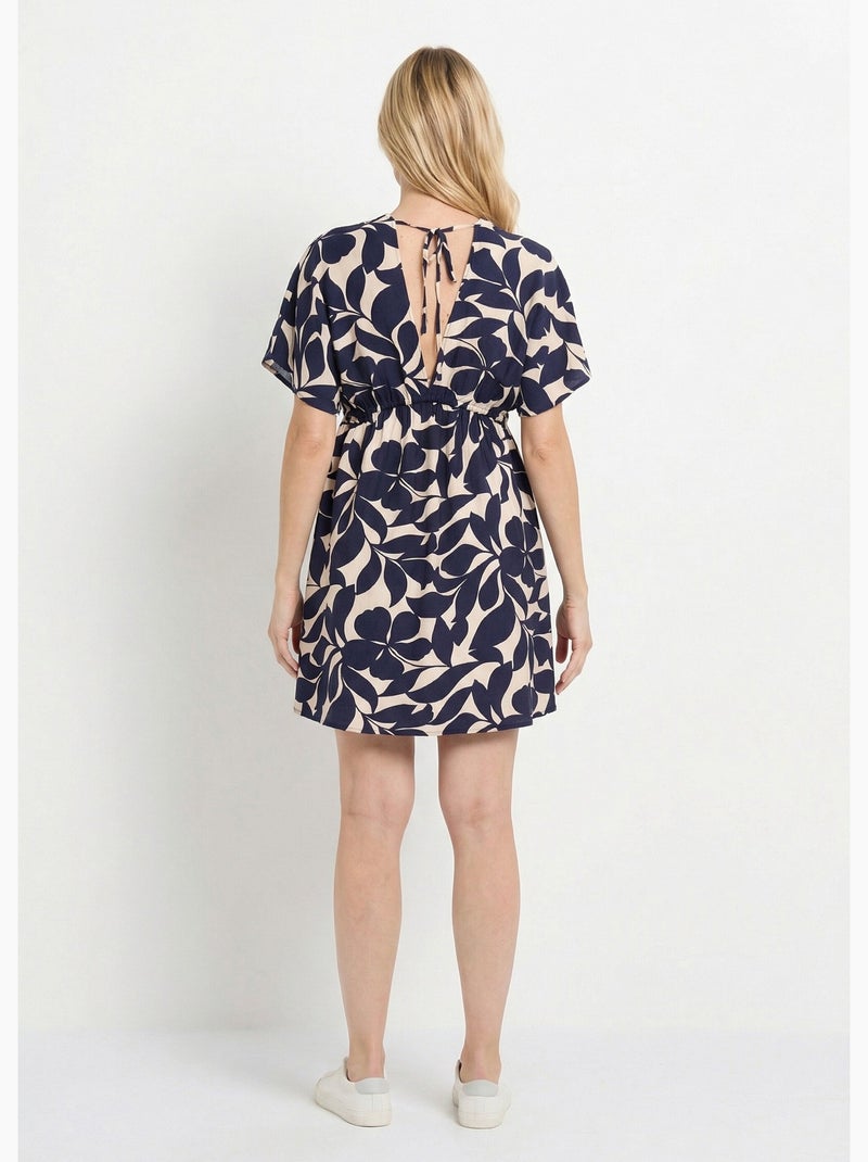 Robe courte à motif, col V devant et dos - AFIBEL Marine/Ecru - Kiabi