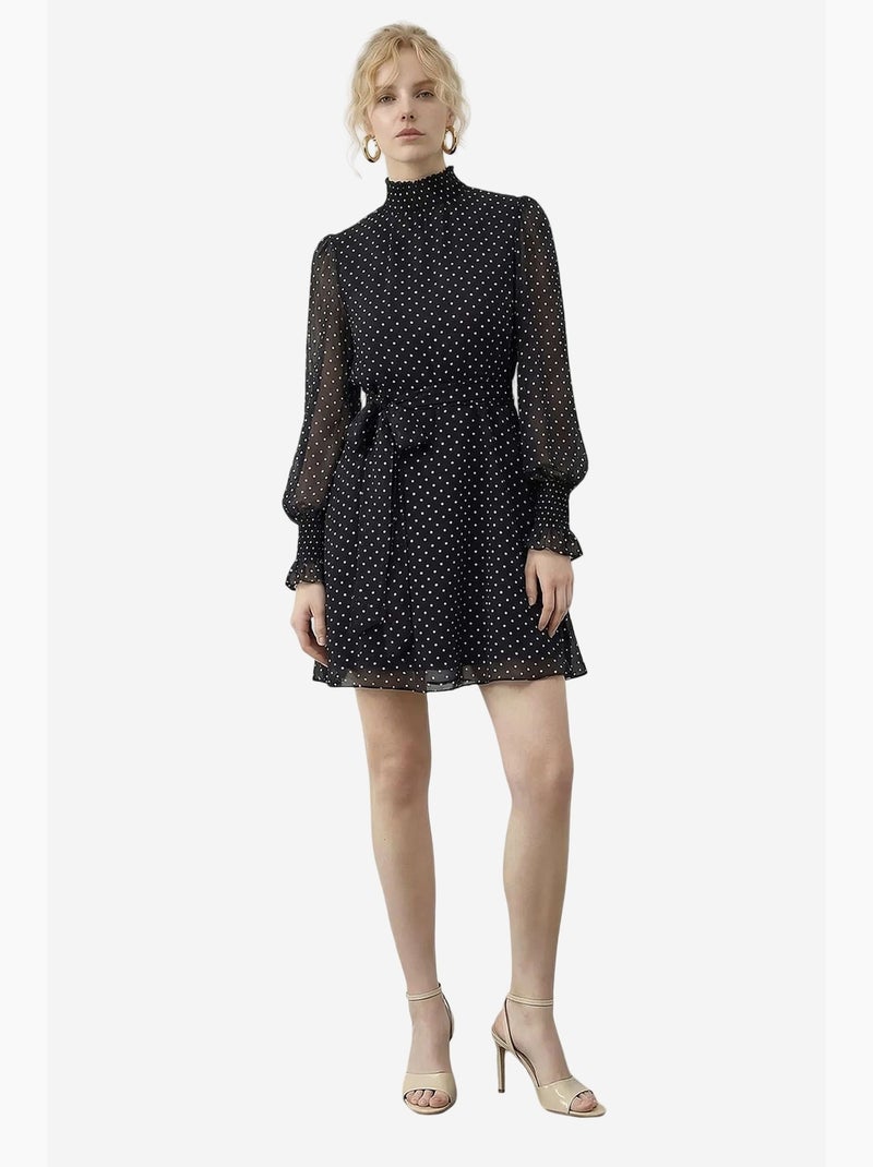 Robe courte à pois , col roulé court et ceinture lucci Noir - Kiabi