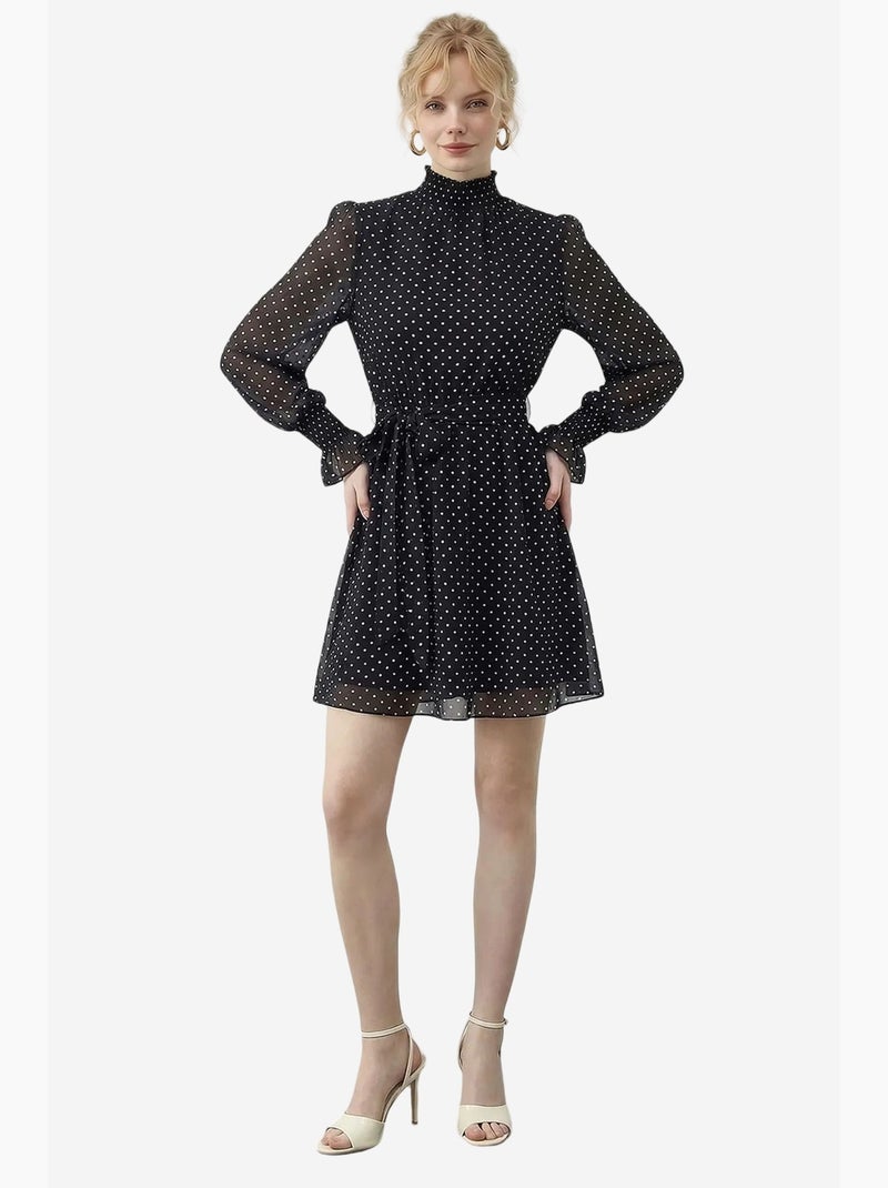 Robe courte à pois , col roulé court et ceinture lucci Noir - Kiabi