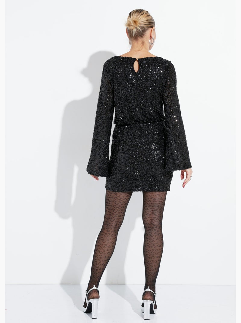 Robe courte à sequins manches évasées - AFIBEL Noir - Kiabi