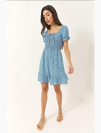 Robe courte à volants col carré à fleurs lucci