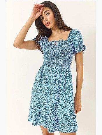 Robe courte à volants col carré à fleurs lucci