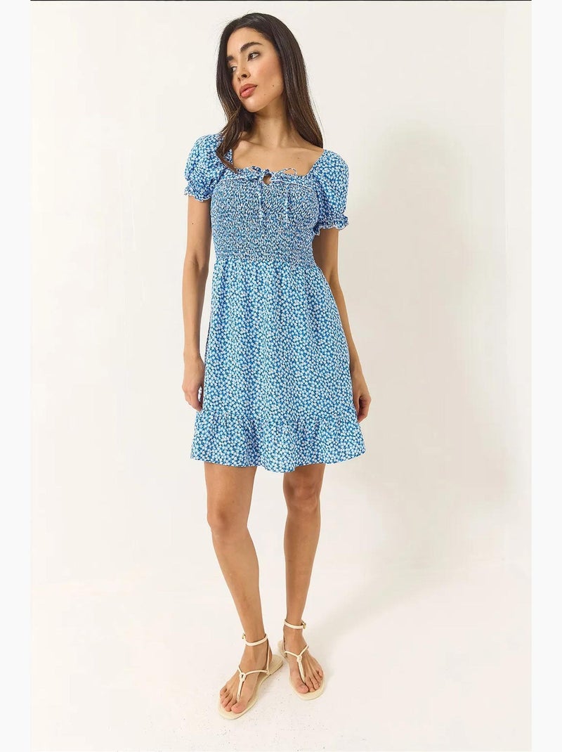 Robe courte à volants col carré à fleurs lucci Bleu clair - Kiabi