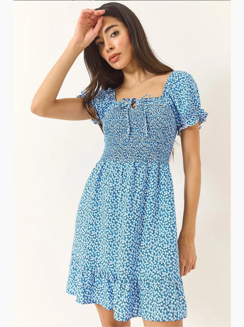 Robe courte à volants col carré à fleurs lucci Bleu clair - Kiabi