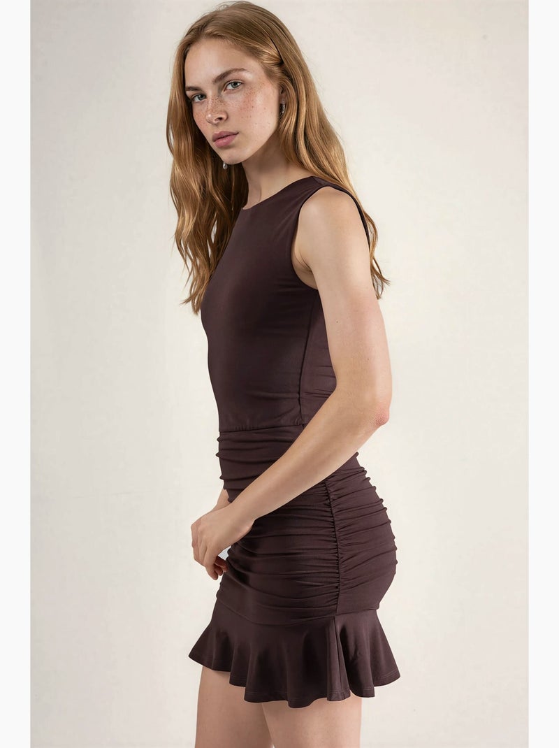 Robe courte à volants et col bateau hiccup Marron chocolat - Kiabi