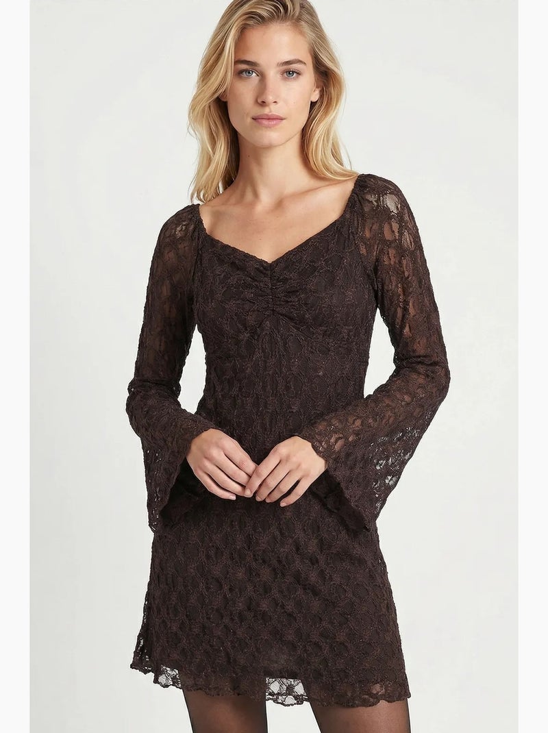 Robe courte ajustée en dentelle istanbul Marron chocolat - Kiabi
