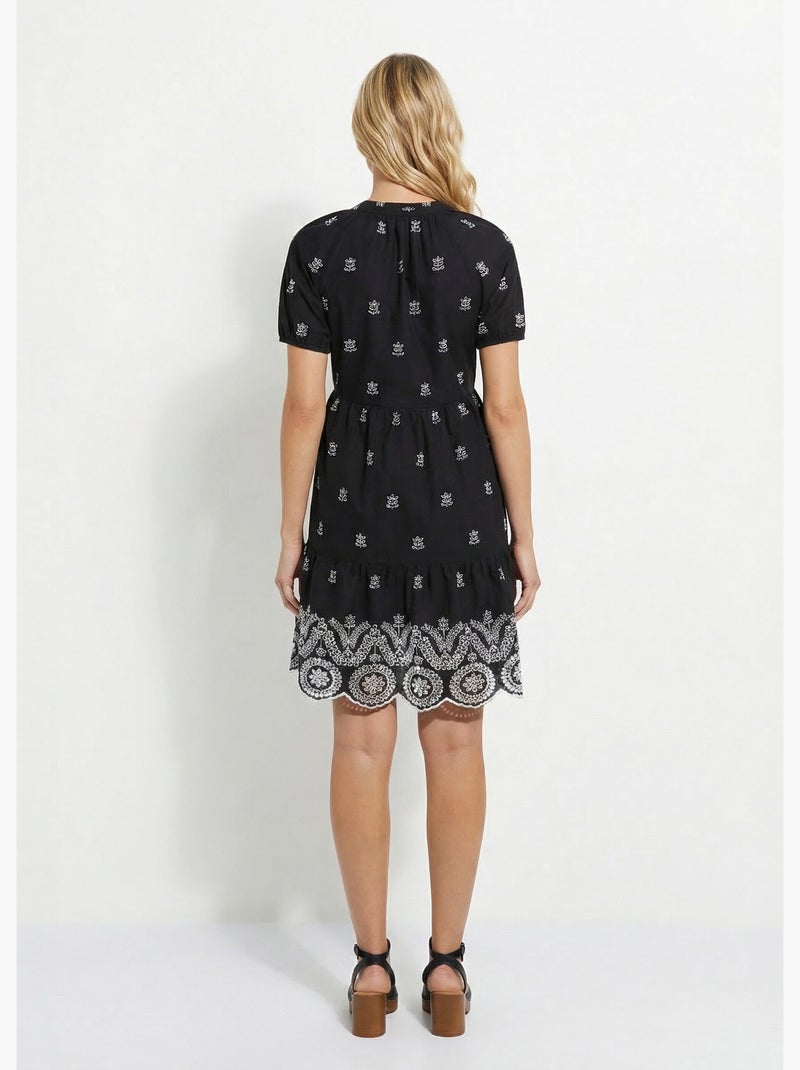 Robe courte ample coton brodé - Afibel Noir Blanc - Kiabi