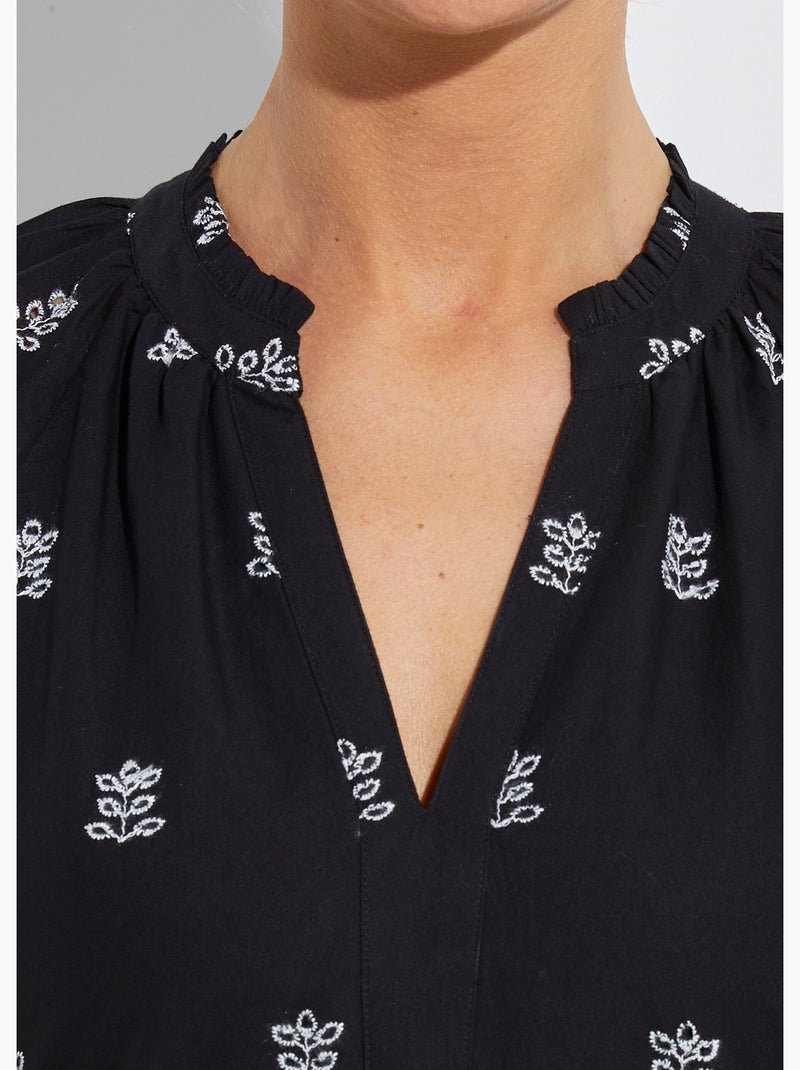 Robe courte ample coton brodé - Afibel Noir Blanc - Kiabi