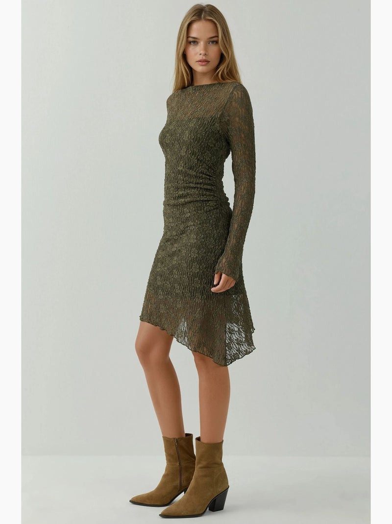 Robe courte asymétrique en dentelle à encolure bateau hiccup Vert olive - Kiabi