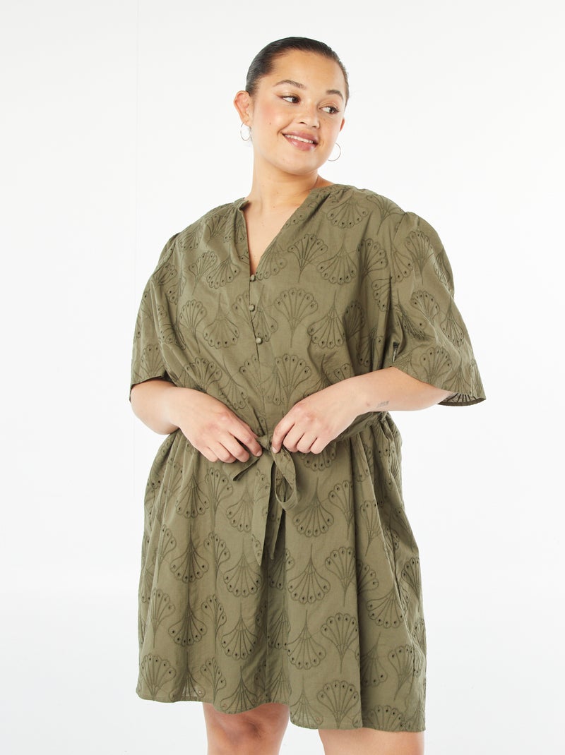 Robe courte avec broderie anglaise Kaki - Kiabi