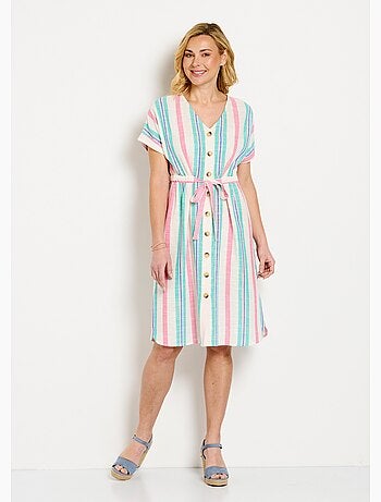 Robe courte boutonnée col V coton rayé - Afibel