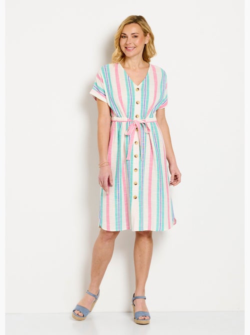 Robe courte boutonnée col V coton rayé - Afibel - Kiabi