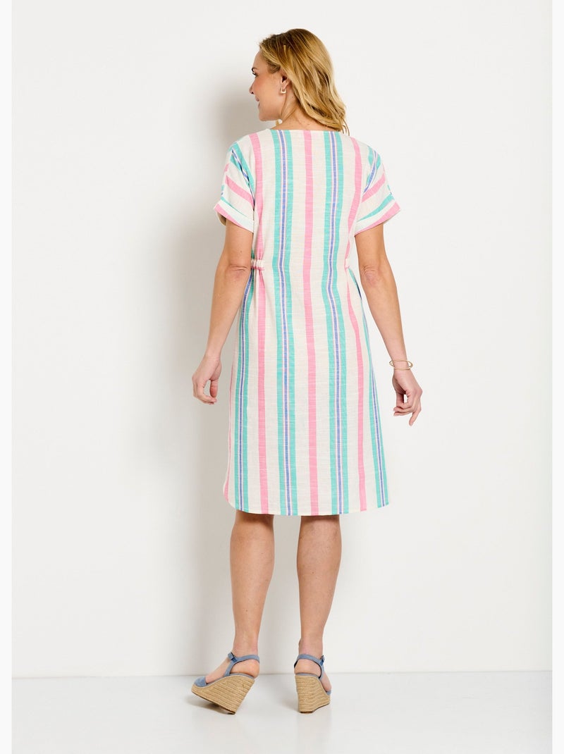 Robe courte boutonnée col V coton rayé - Afibel Blanc Rose - Kiabi