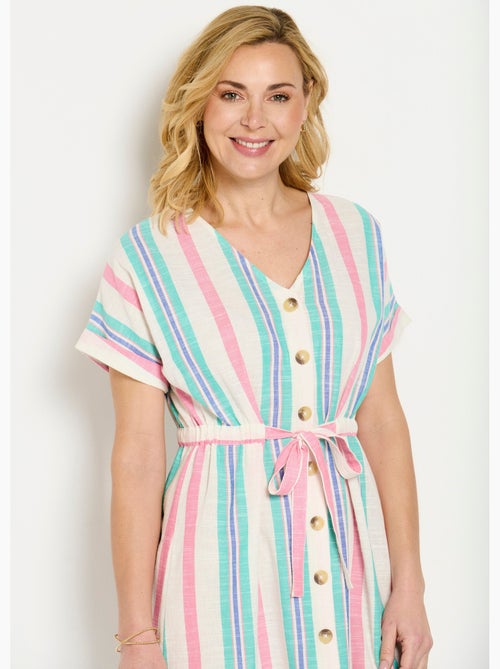 Robe courte boutonnée col V coton rayé - Afibel - Kiabi