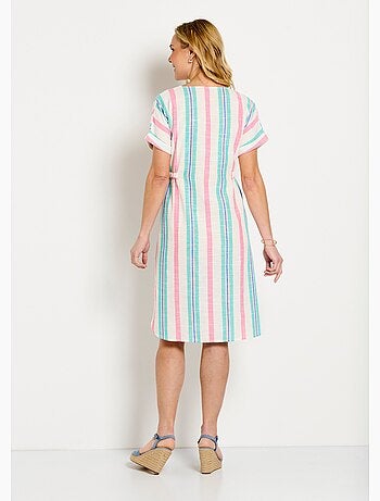 Robe courte boutonnée col V coton rayé