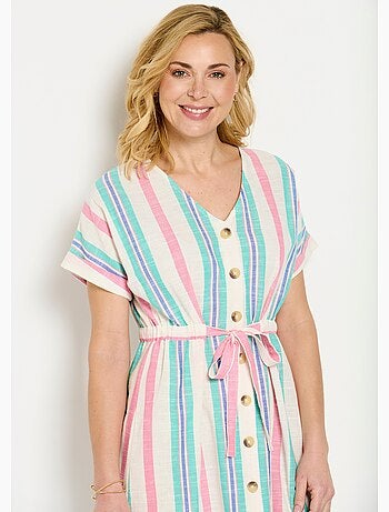 Robe courte boutonnée col V coton rayé