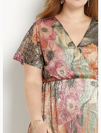 Robe courte cache-coeur brillante motif fleuri - Afibel