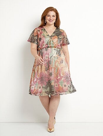 Robe courte cache-coeur brillante motif fleuri