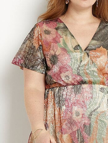 Robe courte cache-coeur brillante motif fleuri