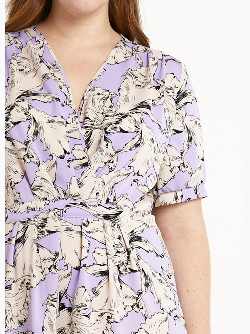 Robe courte cache-coeur fluide motif graphique - Afibel Blanc Violet - Kiabi