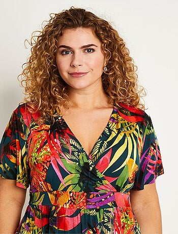 Robe courte cache-coeur imprimé exotique