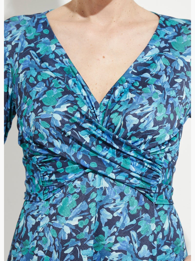 Robe courte cache-coeur maille fleurie - Afibel Bleu Vert - Kiabi