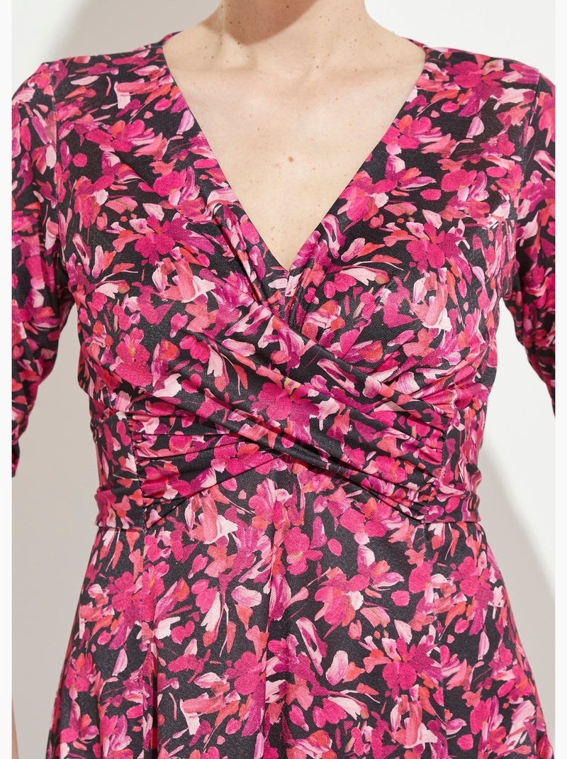 Robe courte cache-coeur maille fleurie - Afibel Noir Rose - Kiabi