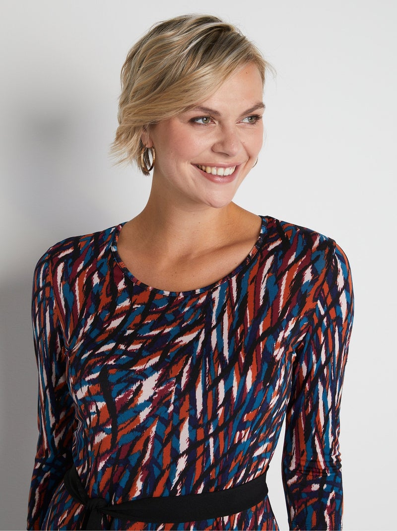 Robe courte ceinturée col rond en maille - Afibel Bleu canard - Kiabi