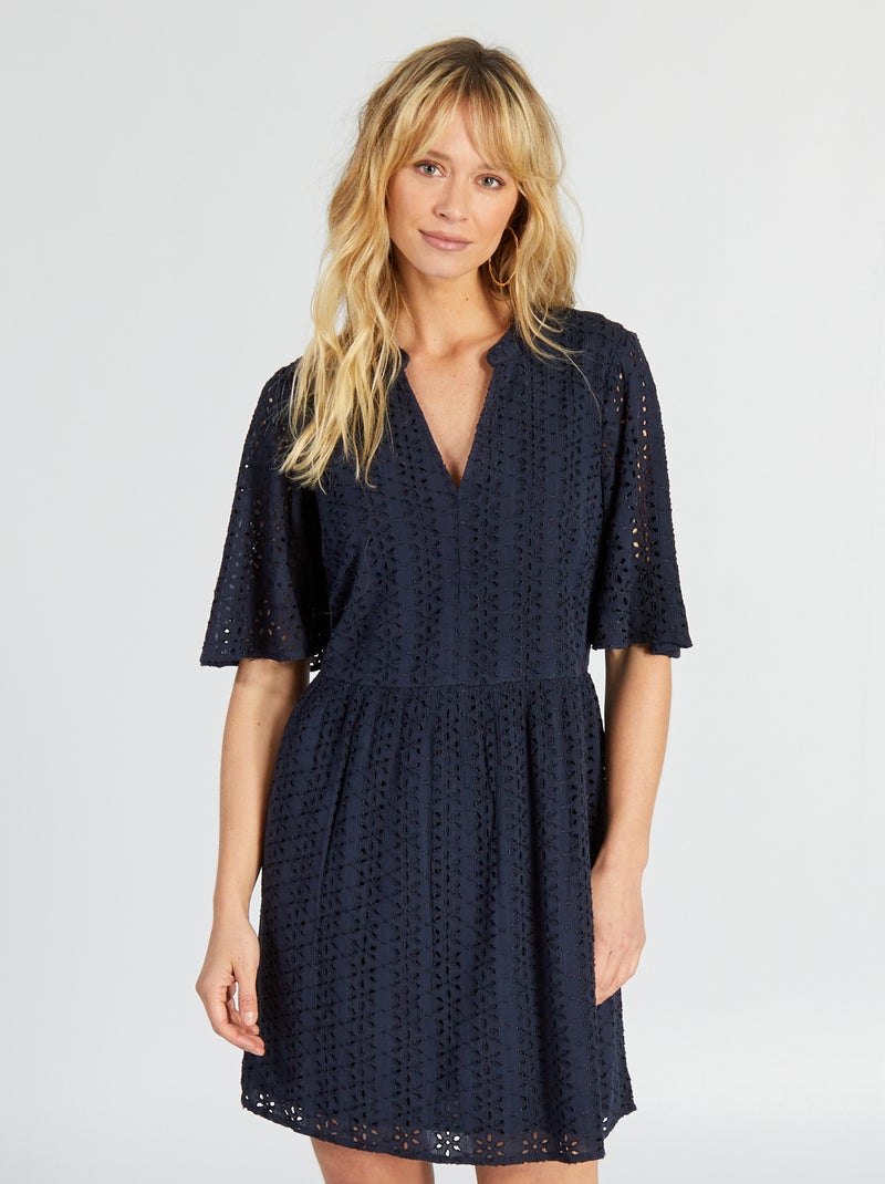 Robe courte cintrée en broderie anglaise Bleu marine - Kiabi
