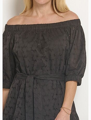 Robe courte col Bardot broderie anglaise - Afibel