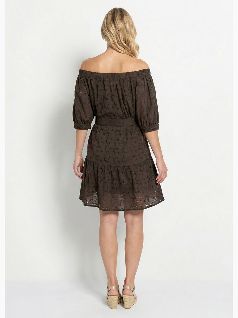 Robe courte col Bardot broderie anglaise - Afibel Noir - Kiabi