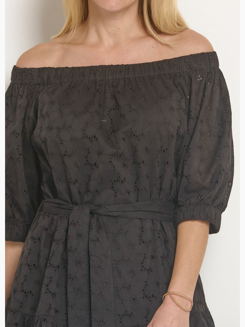 Robe courte col Bardot broderie anglaise - Afibel Noir - Kiabi