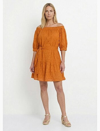 Robe courte col Bardot broderie anglaise - Afibel