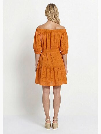 Robe courte col Bardot broderie anglaise - Afibel